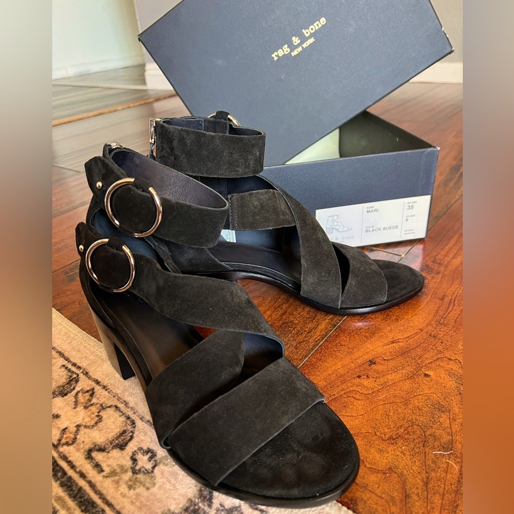 RAG & BONE MARI SUEDE STRAPPY SANDAL IN BLACK BLOCK HEEL LEATHER WOMEN’S SIZE 8